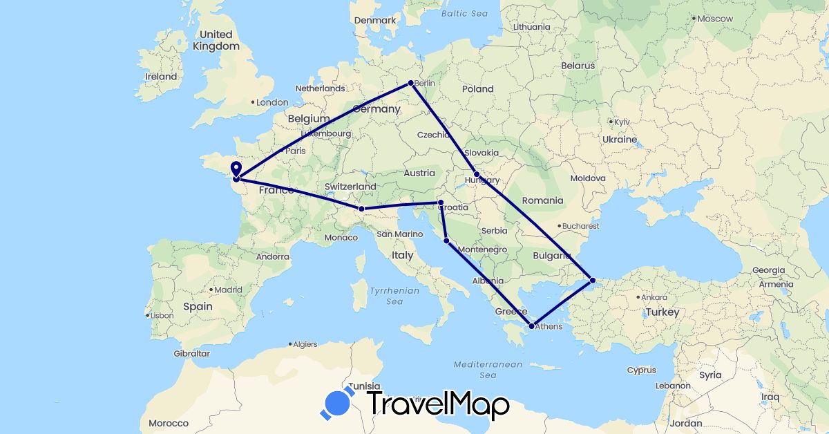 TravelMap itinerary: driving in Germany, France, Greece, Croatia, Hungary, Italy, Turkey (Asia, Europe)