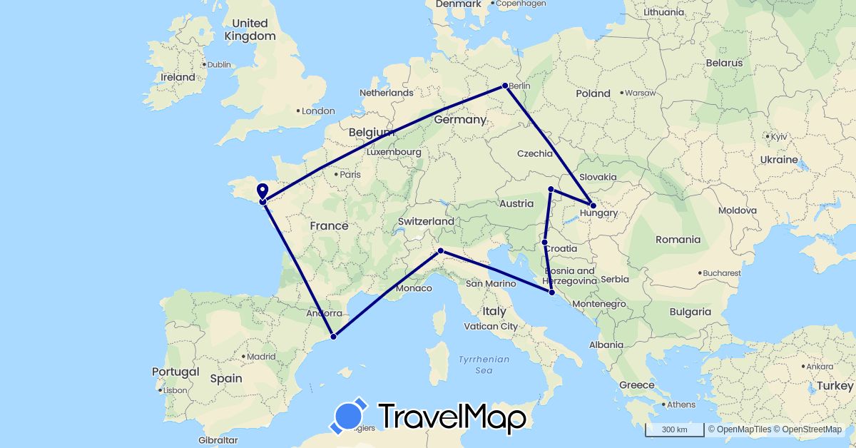 TravelMap itinerary: driving in Austria, Germany, Spain, France, Croatia, Hungary, Italy (Europe)